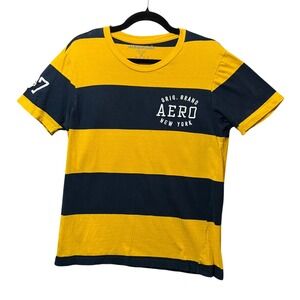 Aeropostale Men's T-Shirt M Yellow Navy Stripe Short‎ Sleeve Casual Logo Tee